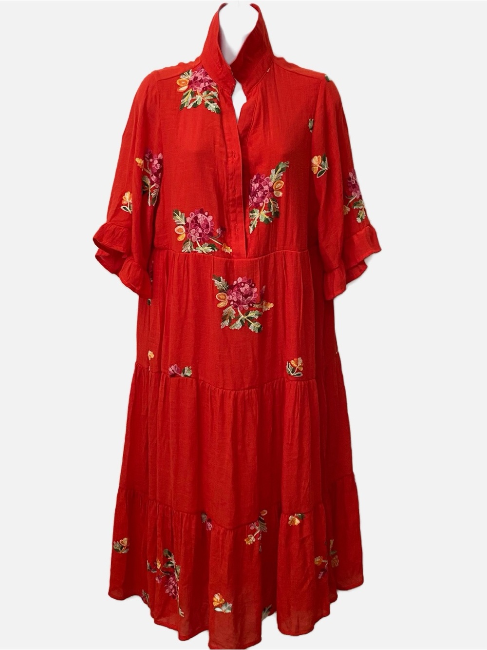 Fig and Flower V-Neck 3/4 Ruffled Bell Sleeve Floral Embroidery 3 Tiers Boho